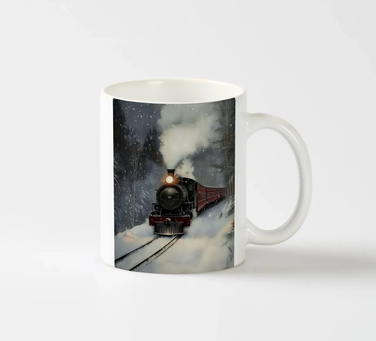 Treno a vapore per la nevicata tazza in ceramica da Melloi Art Print
