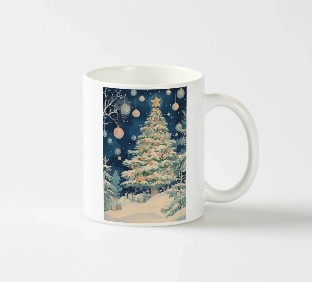Illustration d'un arbre de Noël vintage avec des ornements et de la neige mug en céramique de Melloi Art Print