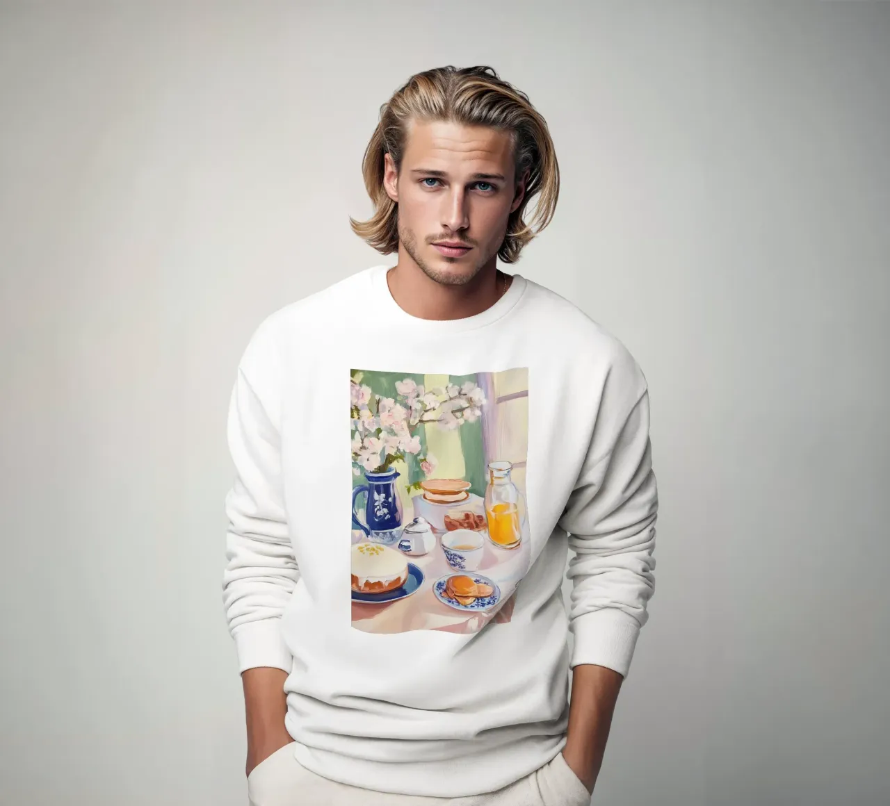 Frühstückstisch mit Blumen und frischem Saft Sweatshirt von Melloi Art Print