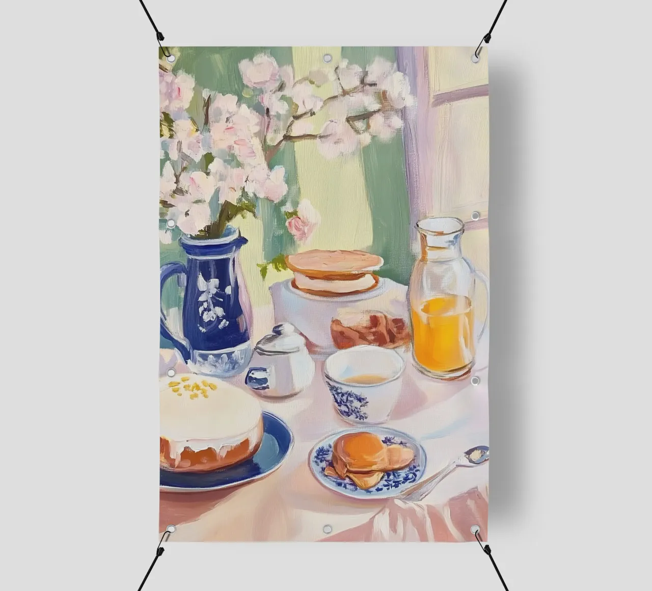 Tavolo della colazione con fiori e succo fresco telo in pvc da Melloi Art Print