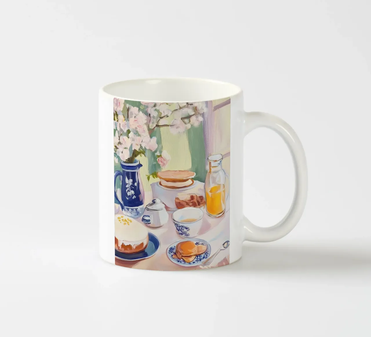 Tavolo della colazione con fiori e succo fresco tazza in ceramica da Melloi Art Print
