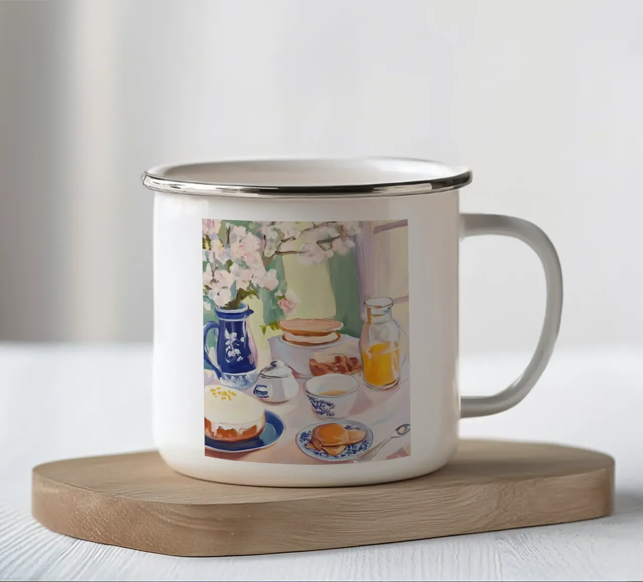 Tavolo della colazione con fiori e succo fresco tazza in smalto da Melloi Art Print