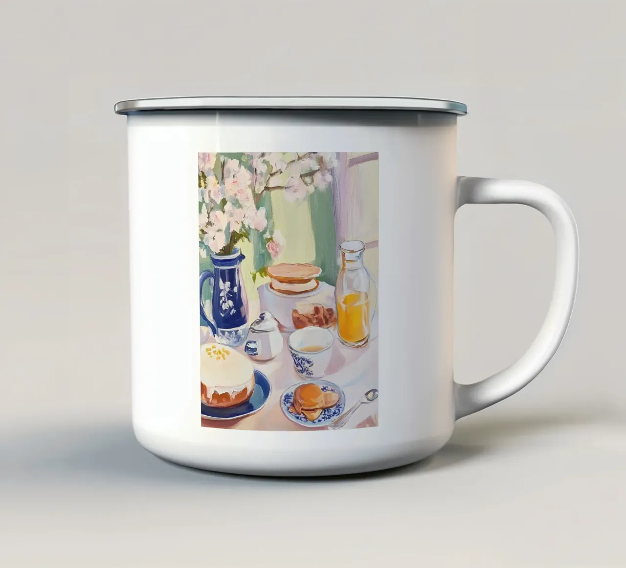 Tavolo della colazione con fiori e succo fresco tazza in smalto da Melloi Art Print