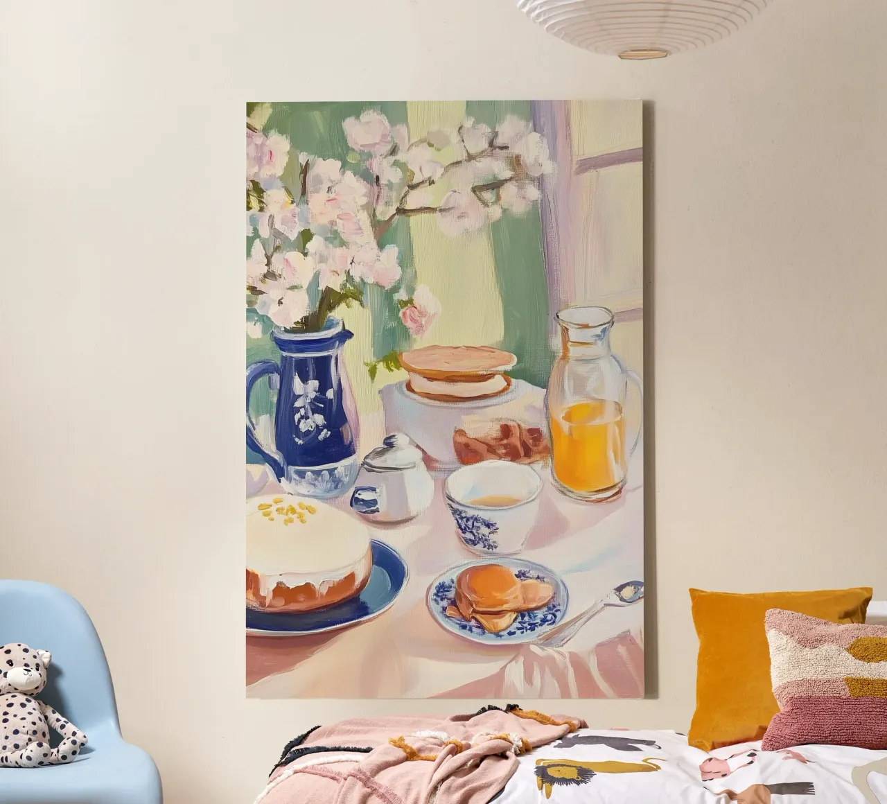 Tavolo della colazione con fiori e succo fresco tela con Cornice a cassetta da Melloi Art Print