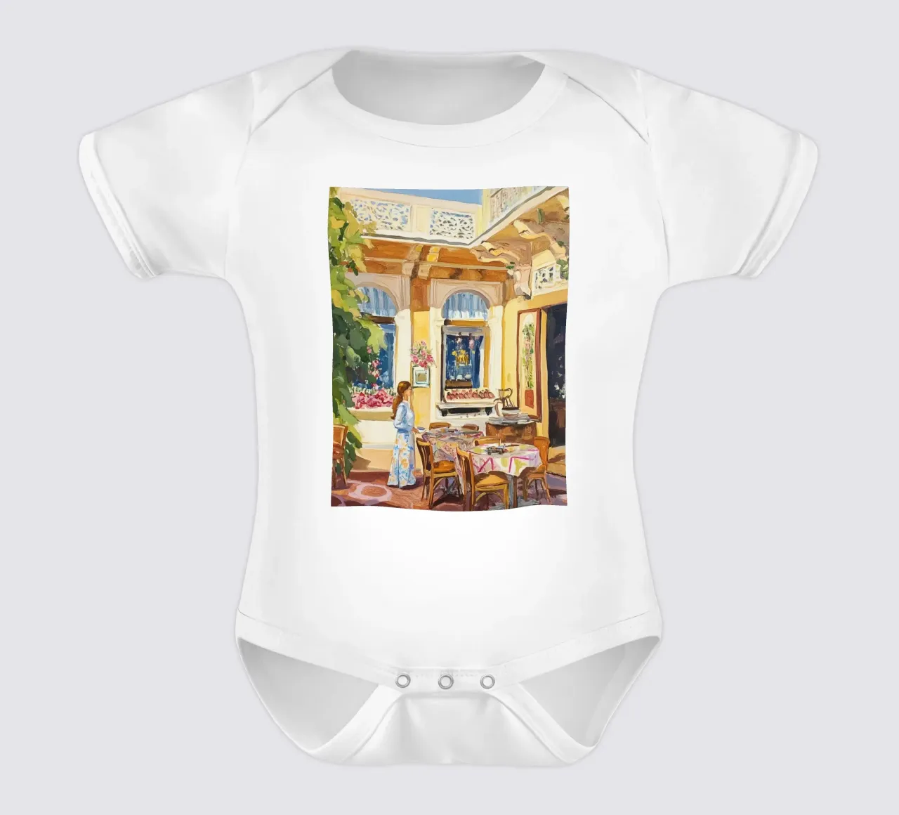 Pittura della terrazza del caffè francese body neonato maniche corte da Melloi Art Print
