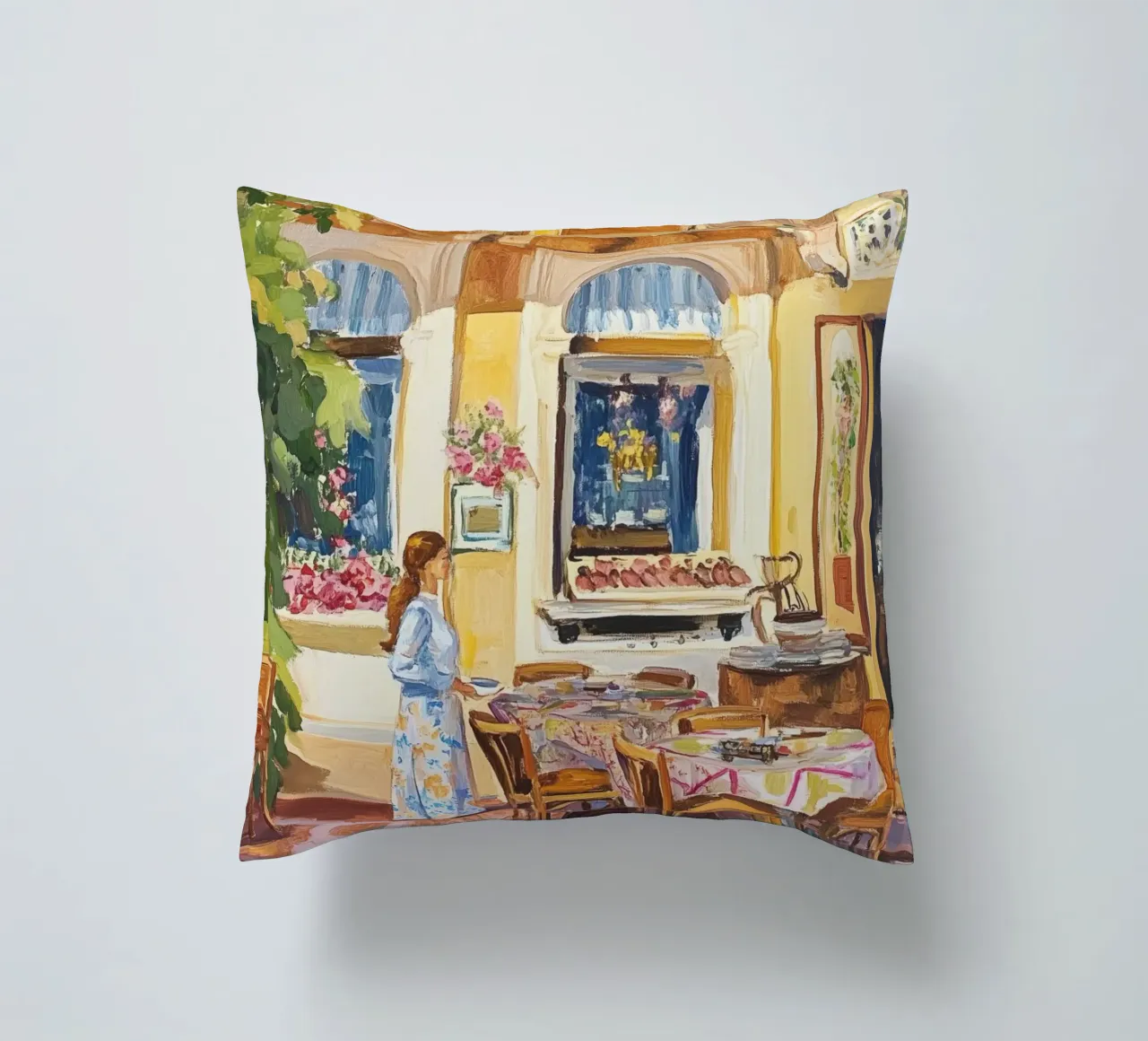 Pittura della terrazza del caffè francese cuscino da Melloi Art Print