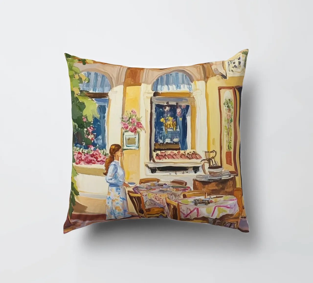 Pittura della terrazza del caffè francese cuscino da Melloi Art Print