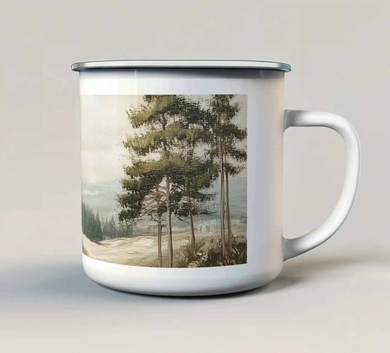 Paesaggio della pineta nebbiosa tazza in smalto da Melloi Art Print