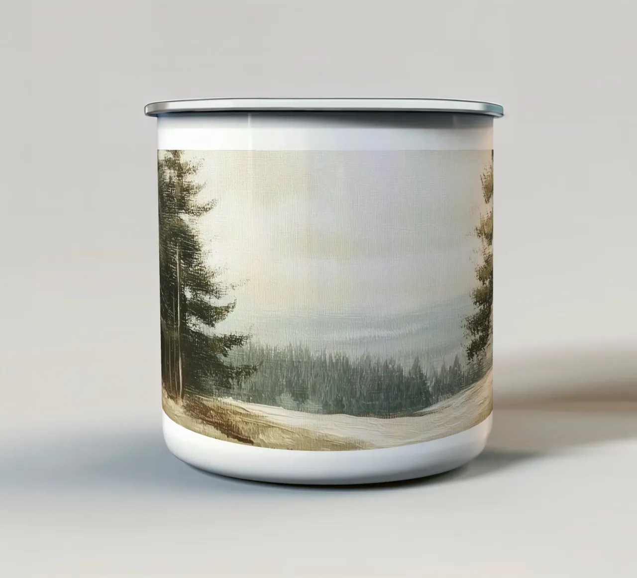 Paesaggio della pineta nebbiosa tazza in smalto da Melloi Art Print