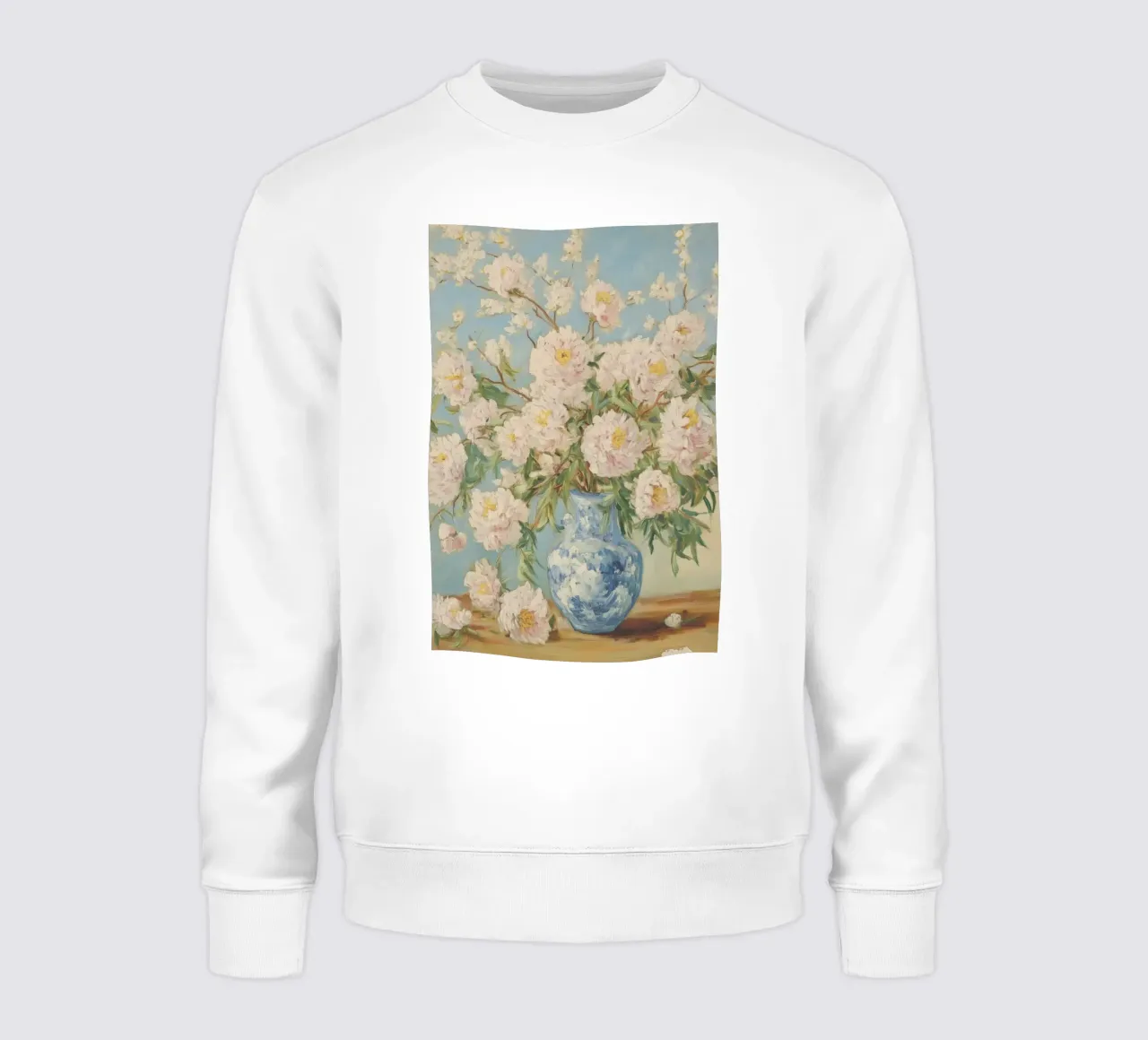 Peonie bianche in vaso blu felpa da Melloi Art Print