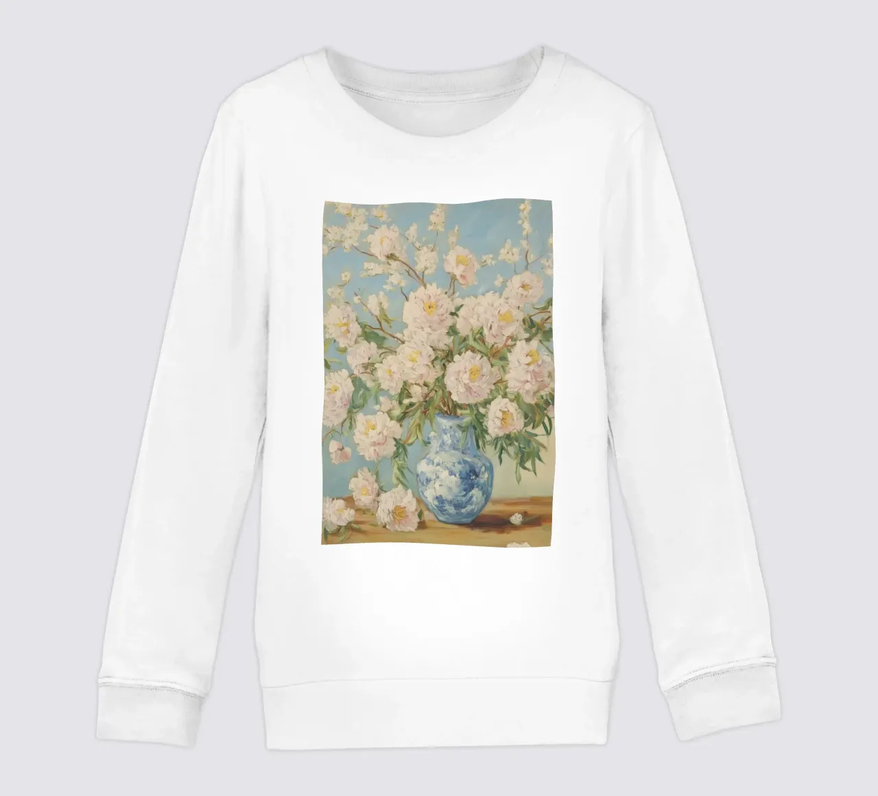 Peonie bianche in vaso blu felpa bambino da Melloi Art Print