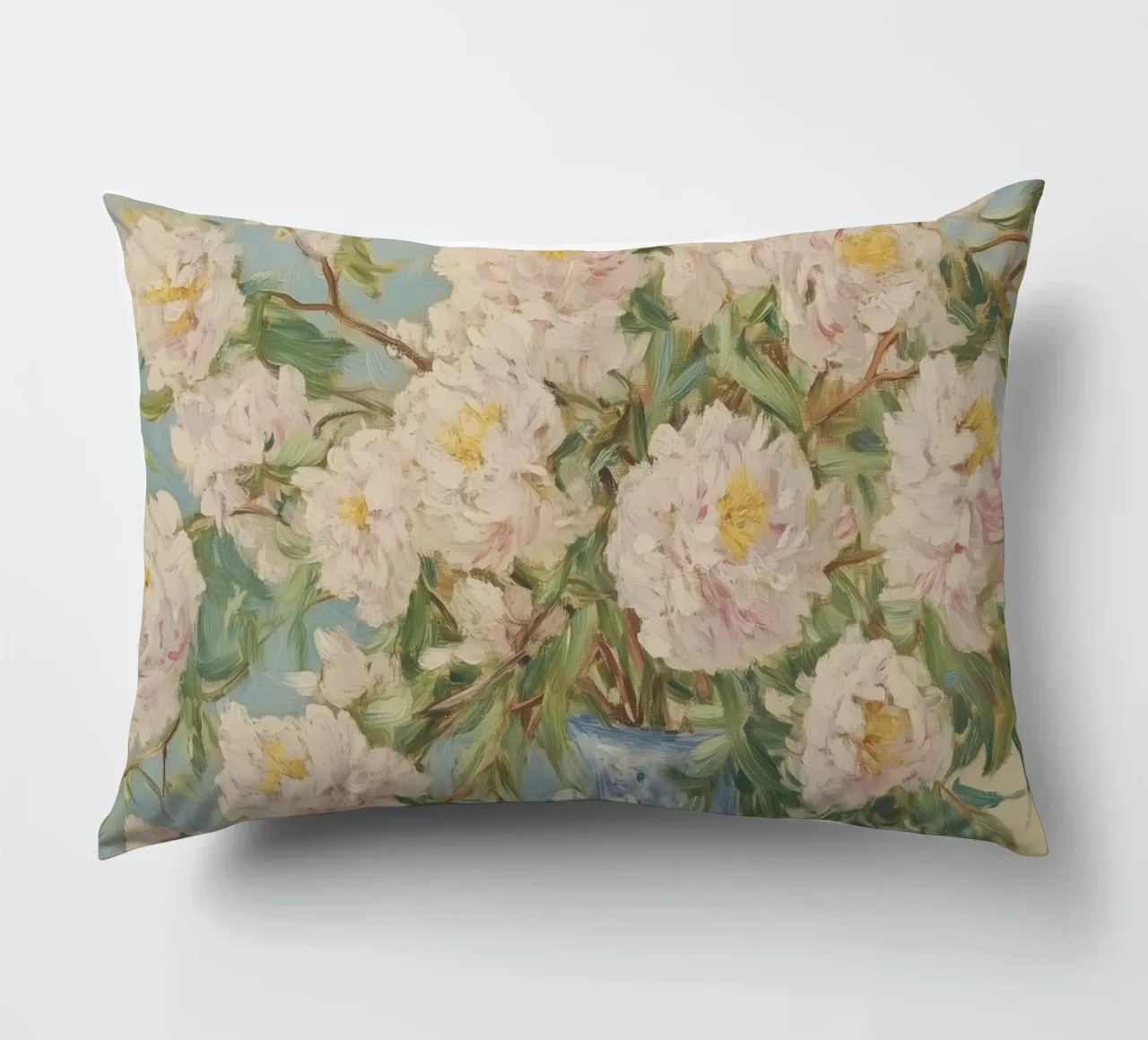 Peonie bianche in vaso blu cuscino da Melloi Art Print