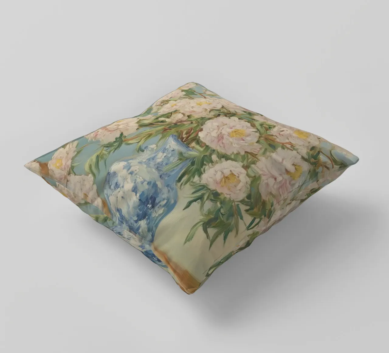 Peonie bianche in vaso blu cuscino da Melloi Art Print