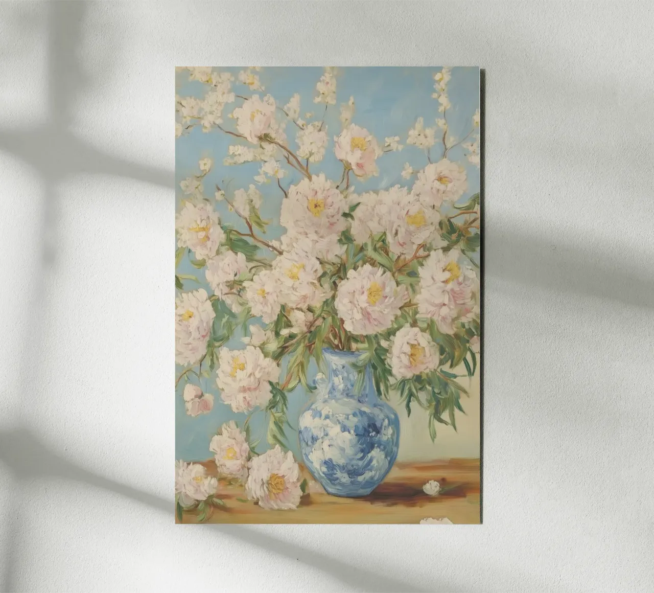 Peonie bianche in vaso blu alluminio dibond da Melloi Art Print