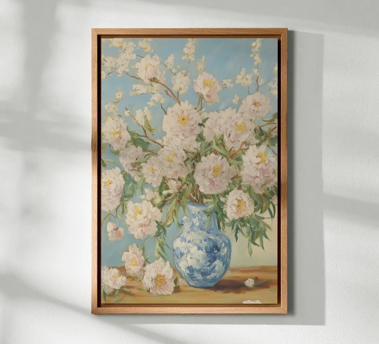 Peonie bianche in vaso blu tela con Cornice a cassetta da Melloi Art Print