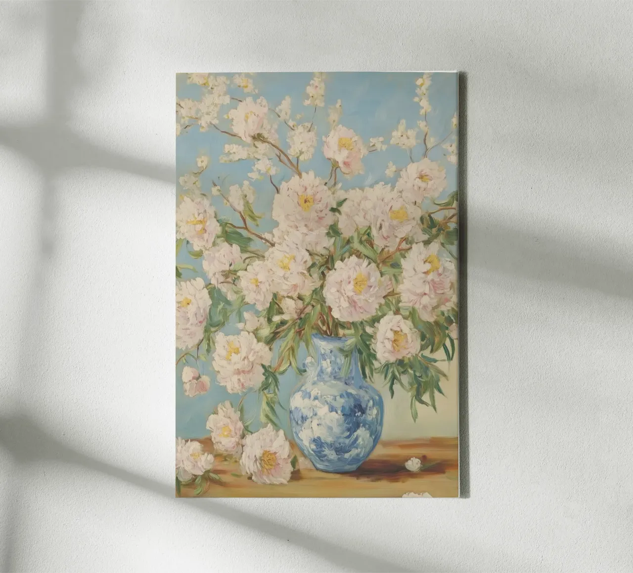 Peonie bianche in vaso blu tela con Cornice a cassetta da Melloi Art Print