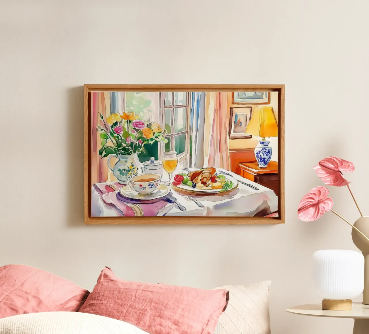 Breakfast Tea Setting with Fresh Flowers canvas with Floater frame by Melloi Art Print