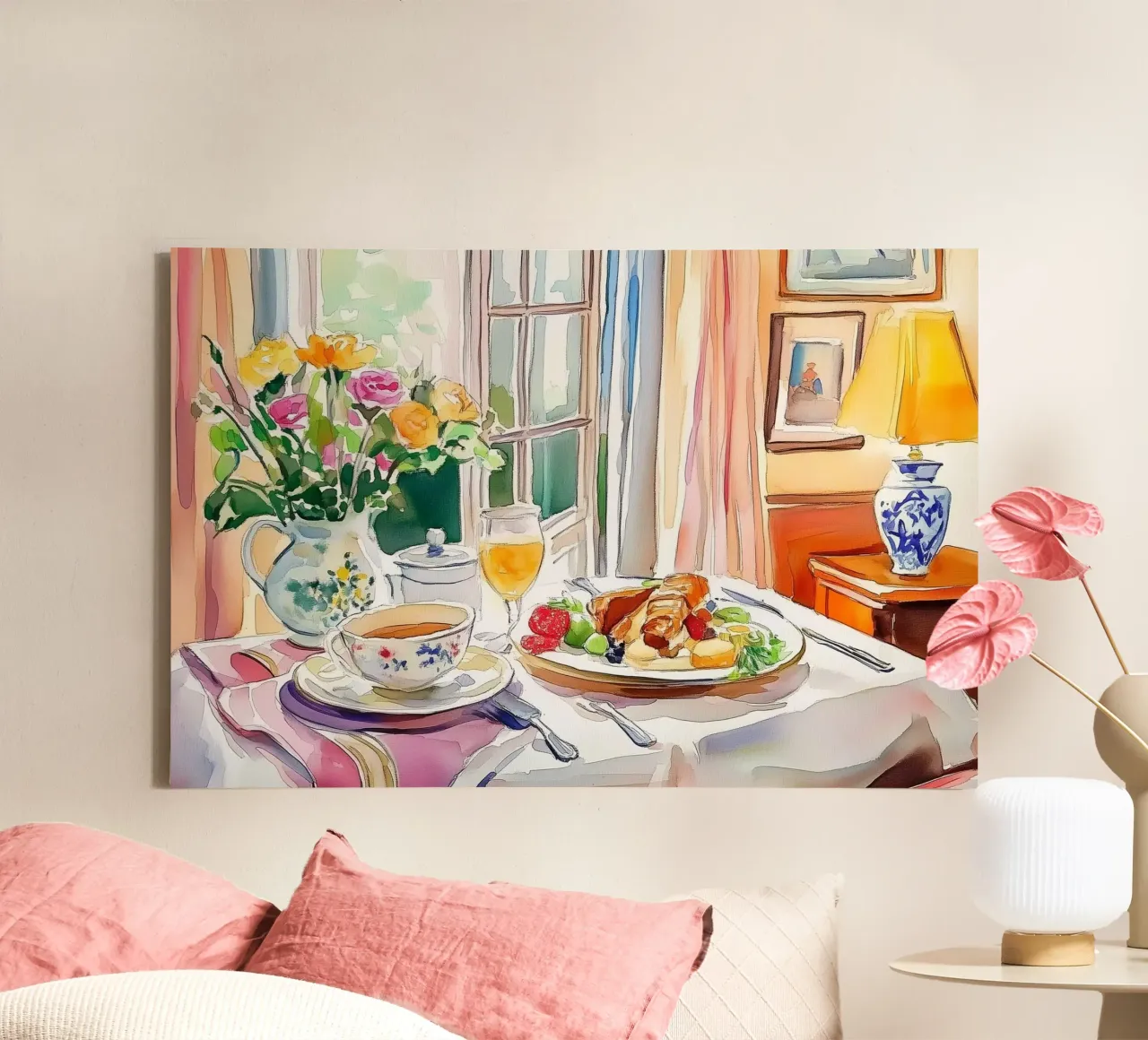 Breakfast Tea Setting with Fresh Flowers canvas with Floater frame by Melloi Art Print