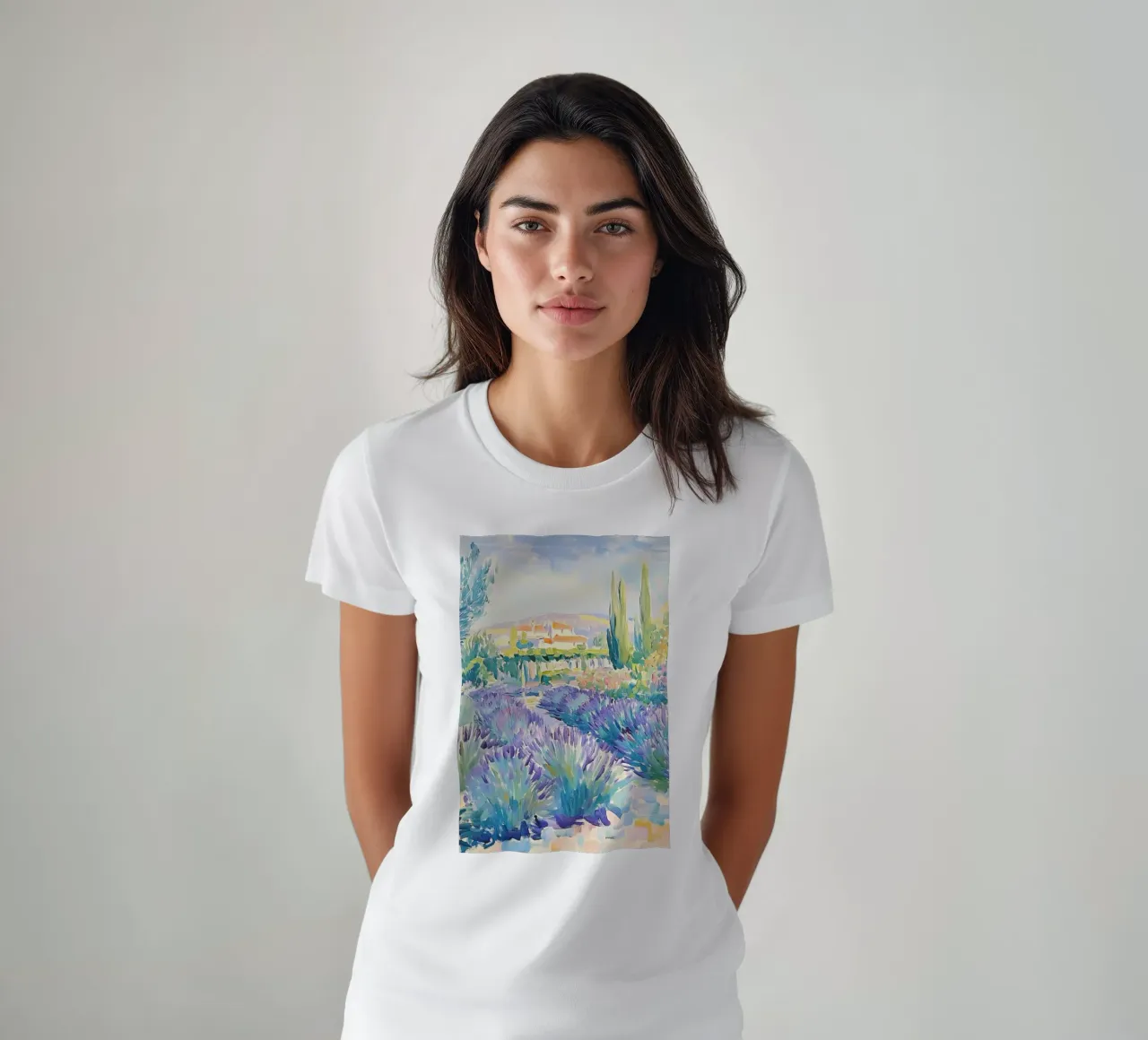 Provence Lavender Field with Cypress Trees t-shirt by Melloi Art Print