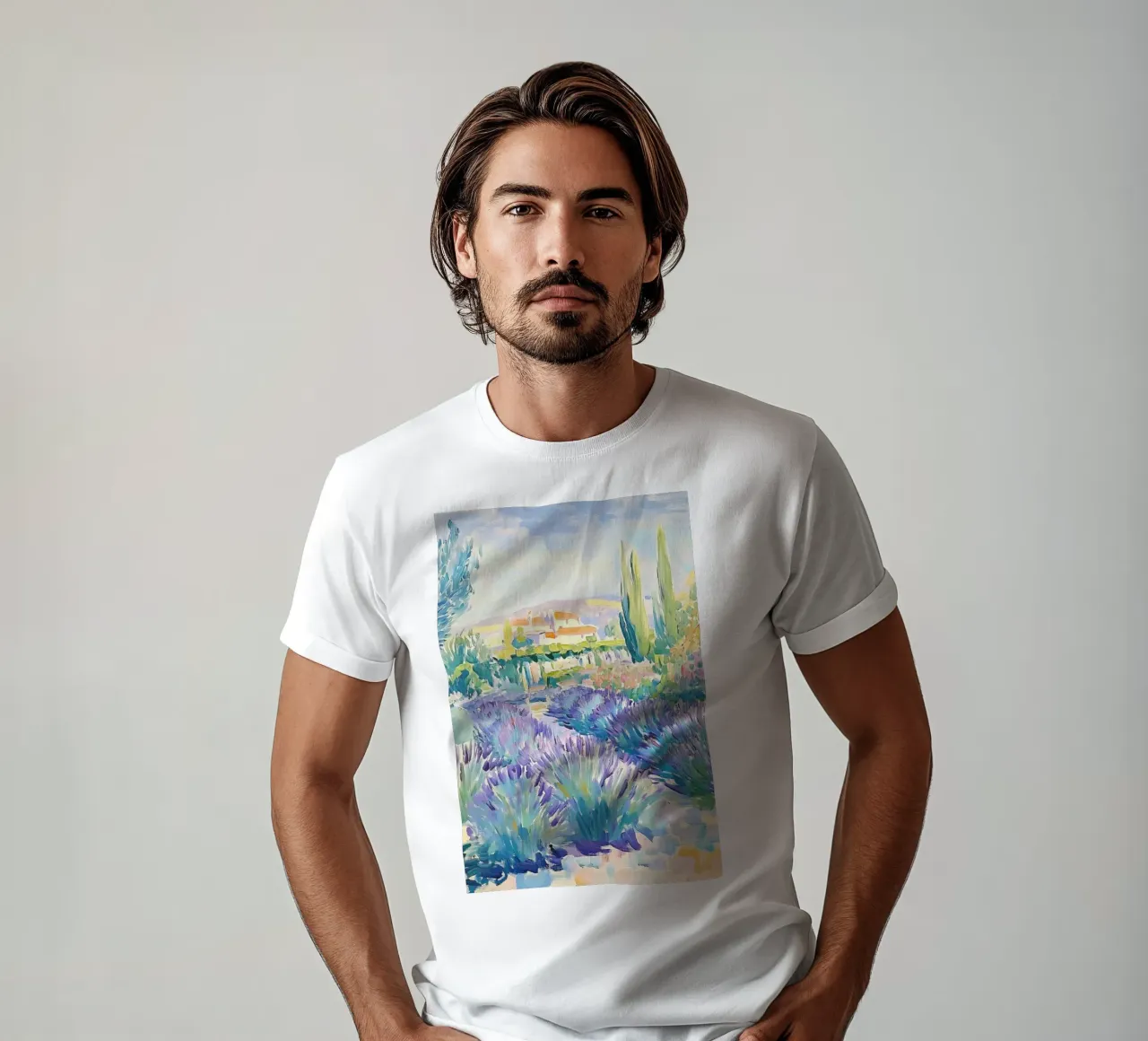Provence Lavender Field with Cypress Trees t-shirt by Melloi Art Print
