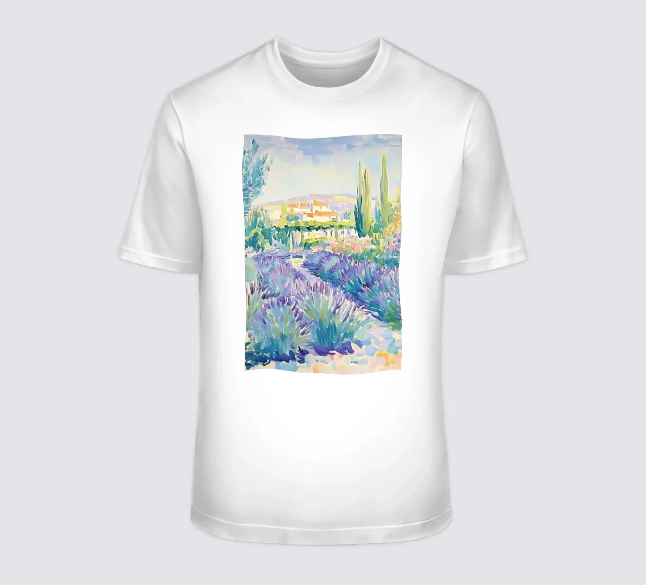 Provence Lavender Field with Cypress Trees t-shirt by Melloi Art Print