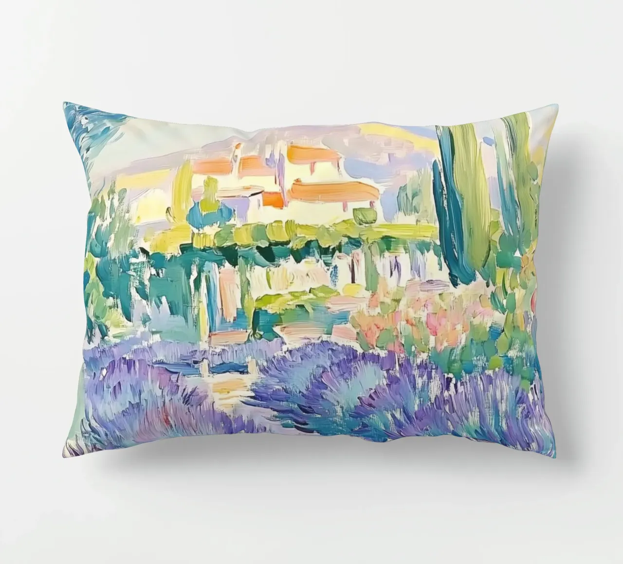 Provence Lavender Field with Cypress Trees decorative cushion by Melloi Art Print