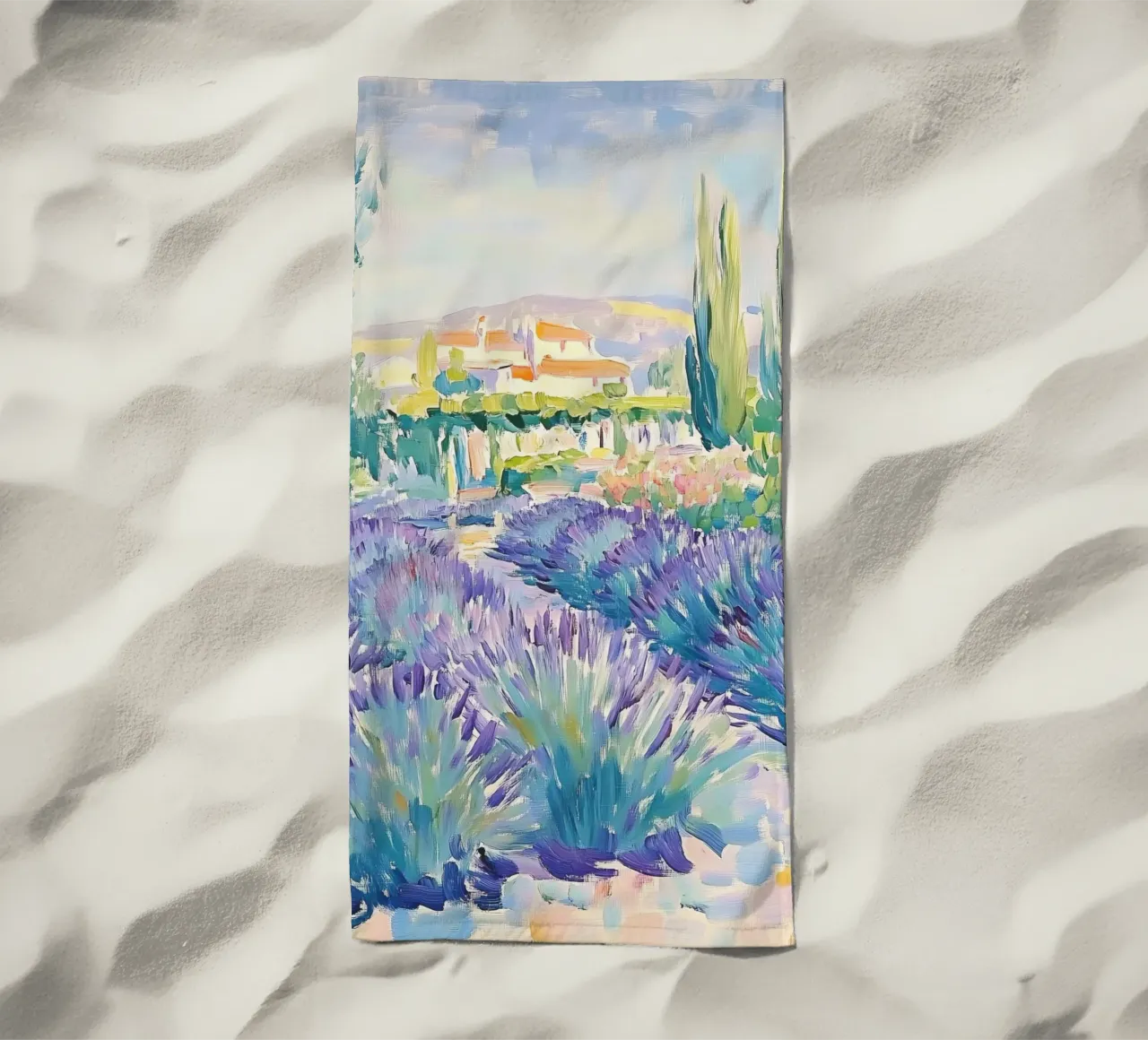 Provence Lavender Field with Cypress Trees beach towel by Melloi Art Print