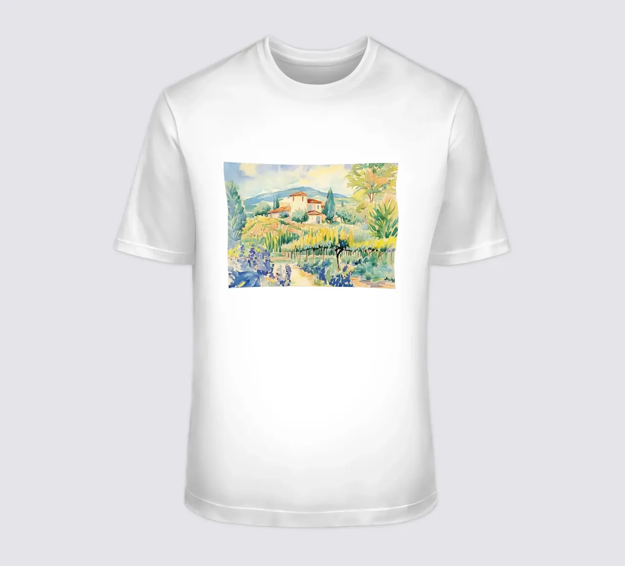 Acquerello di villa toscana con vigneto t-shirt da Melloi Art Print