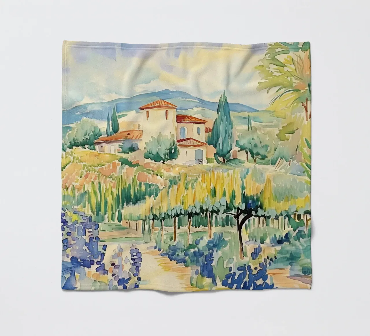 Acquerello di villa toscana con vigneto coperta in pile da Melloi Art Print