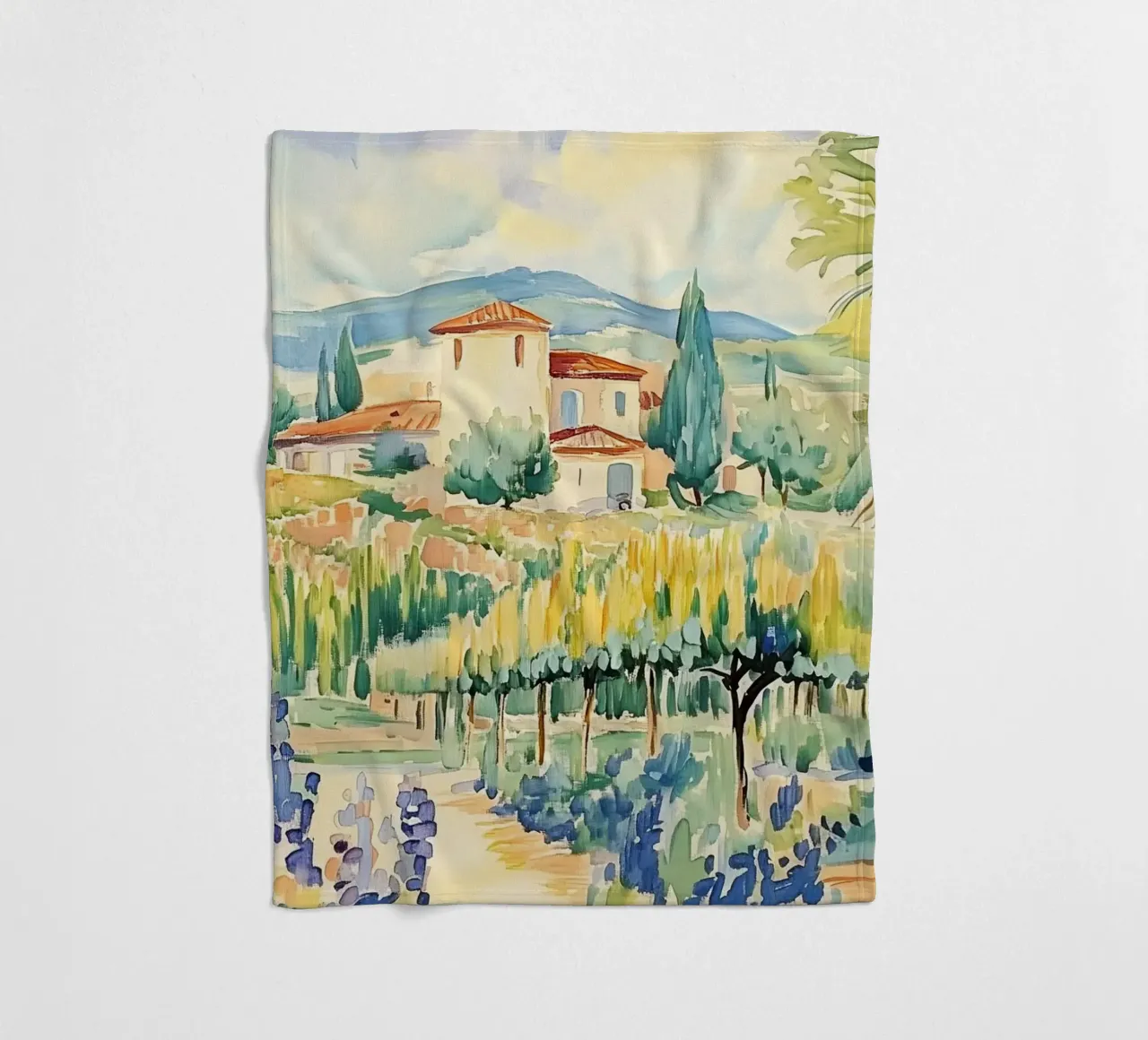 Acquerello di villa toscana con vigneto coperta in pile da Melloi Art Print