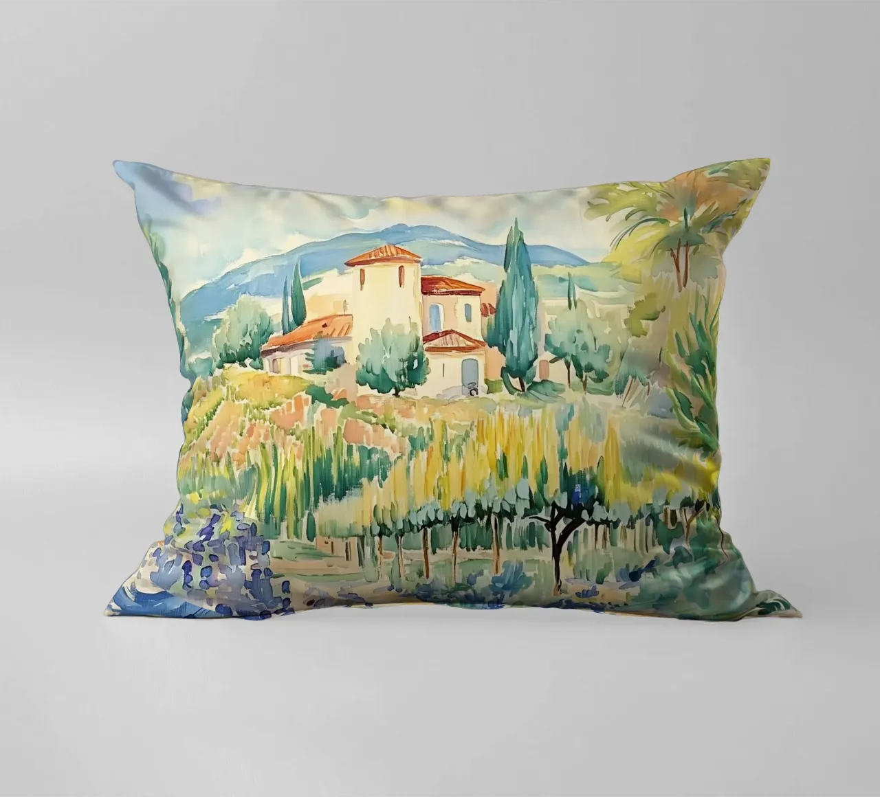Acquerello di villa toscana con vigneto cuscino da Melloi Art Print