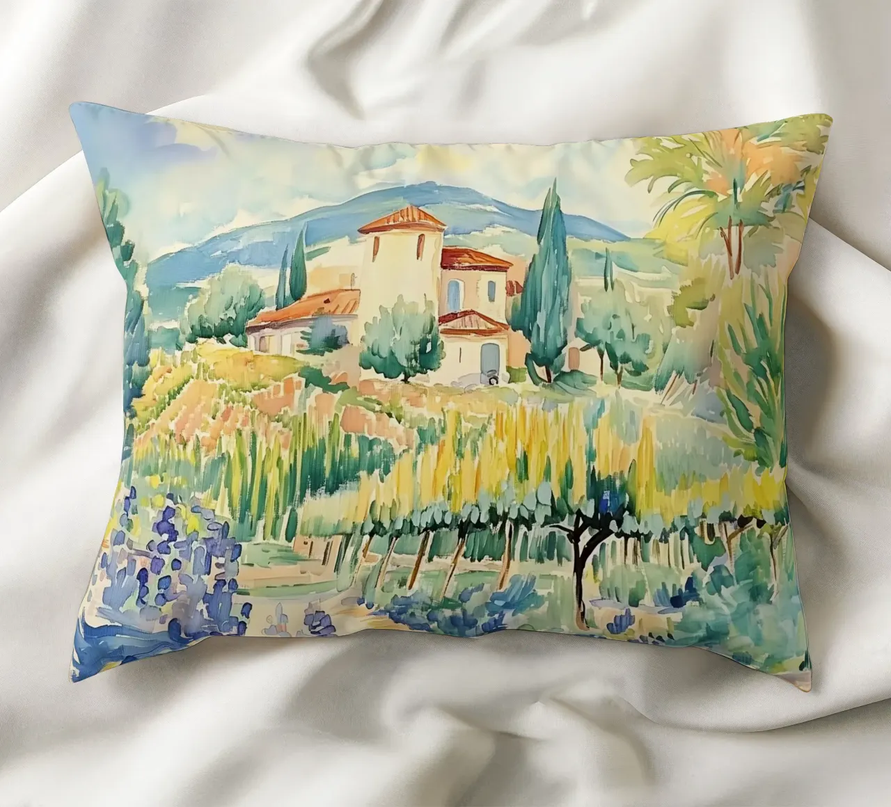 Acquerello di villa toscana con vigneto cuscino da Melloi Art Print
