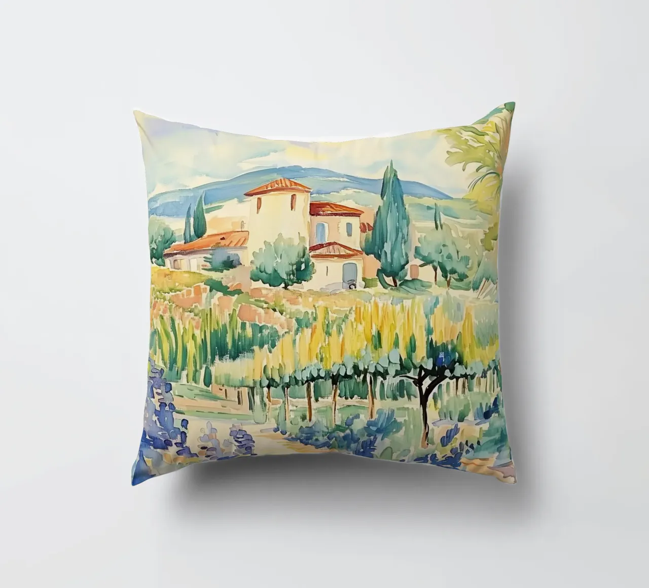 Acquerello di villa toscana con vigneto cuscino da Melloi Art Print