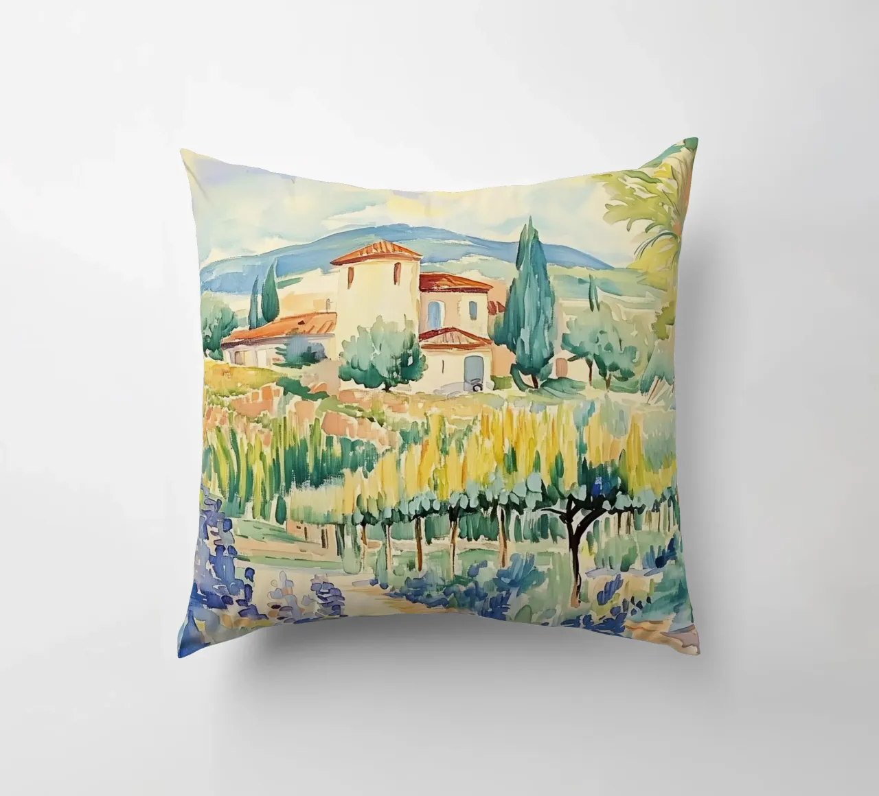 Acquerello di villa toscana con vigneto cuscino da Melloi Art Print