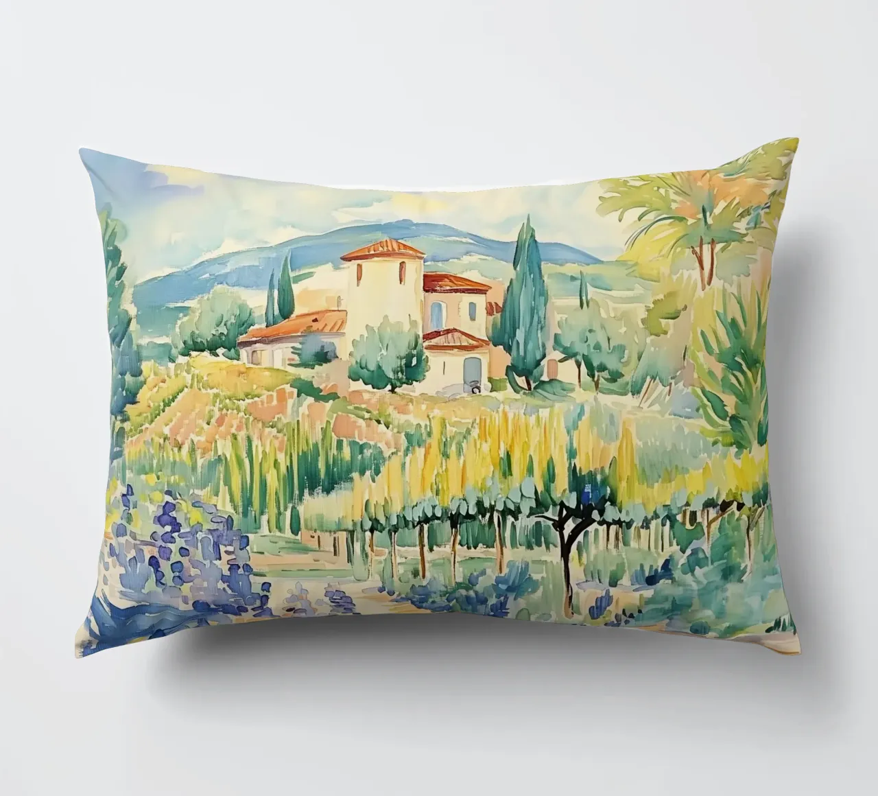 Acquerello di villa toscana con vigneto cuscino da Melloi Art Print