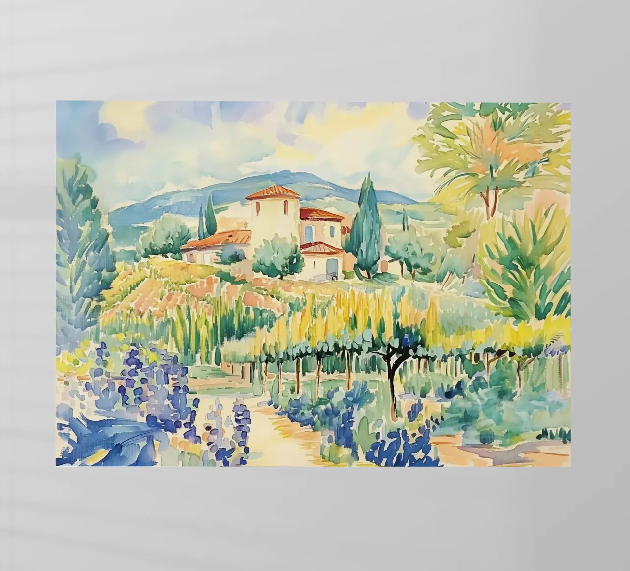 Acquerello di villa toscana con vigneto pellicola backlit da Melloi Art Print