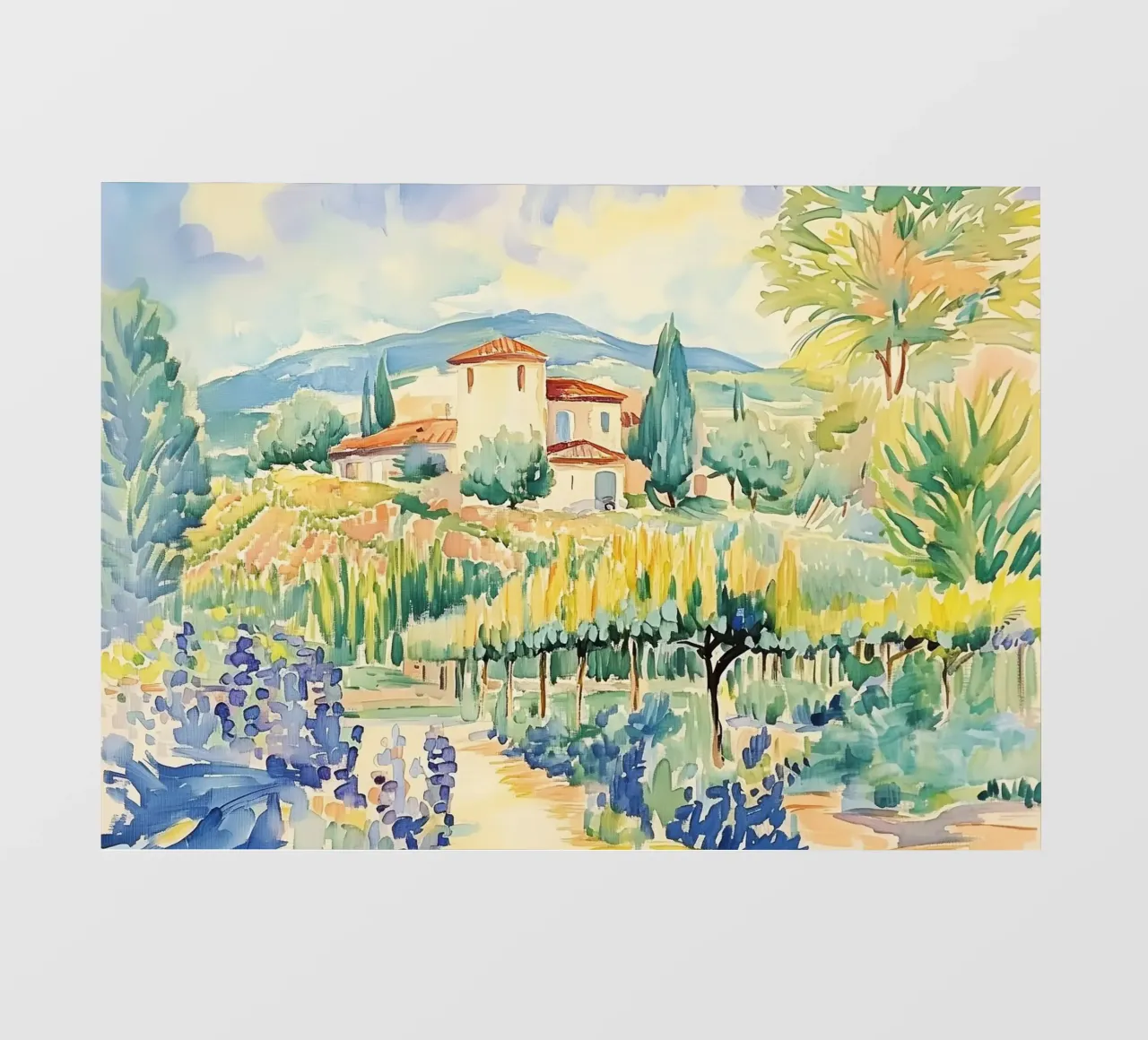 Acquerello di villa toscana con vigneto pellicola backlit da Melloi Art Print