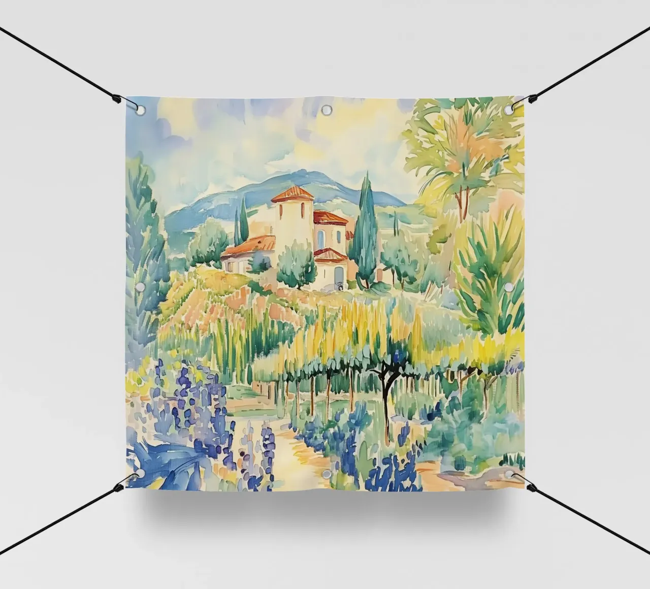 Acquerello di villa toscana con vigneto telo in pvc da Melloi Art Print