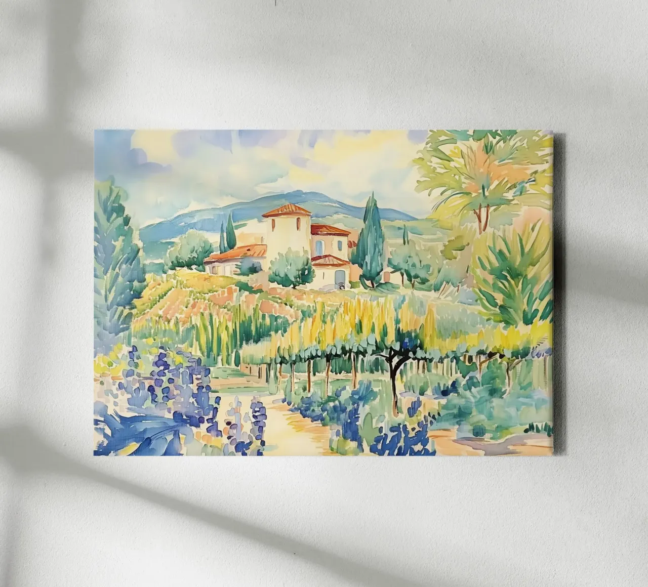 Tuscan Villa Watercolor with Vineyard canvas by Melloi Art Print