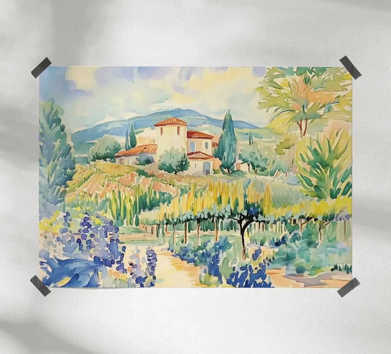 Acquerello di villa toscana con vigneto carta hahnemühle da Melloi Art Print