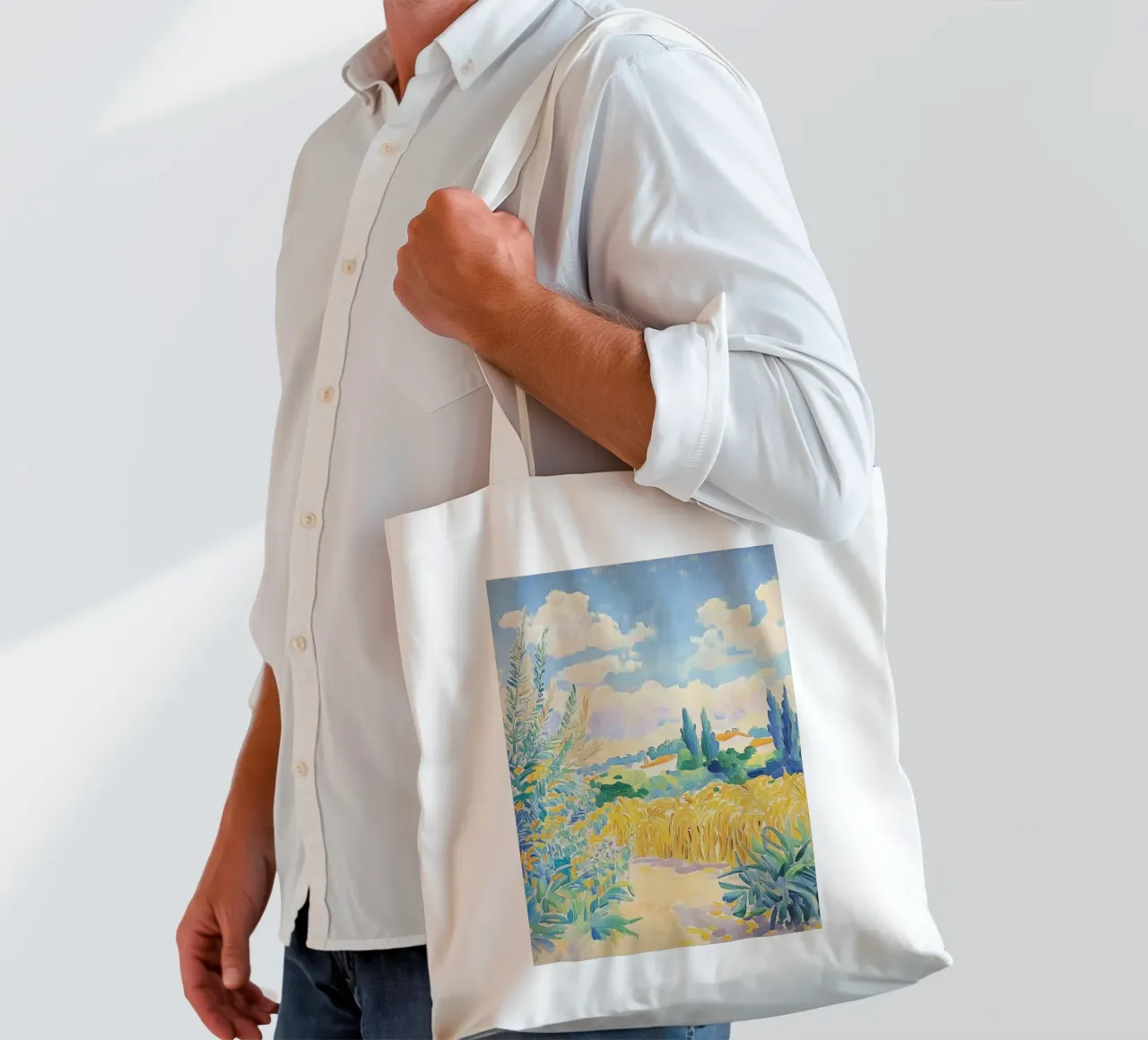 Mediterraner Weizenfeldweg Jutebeutel von Melloi Art Print