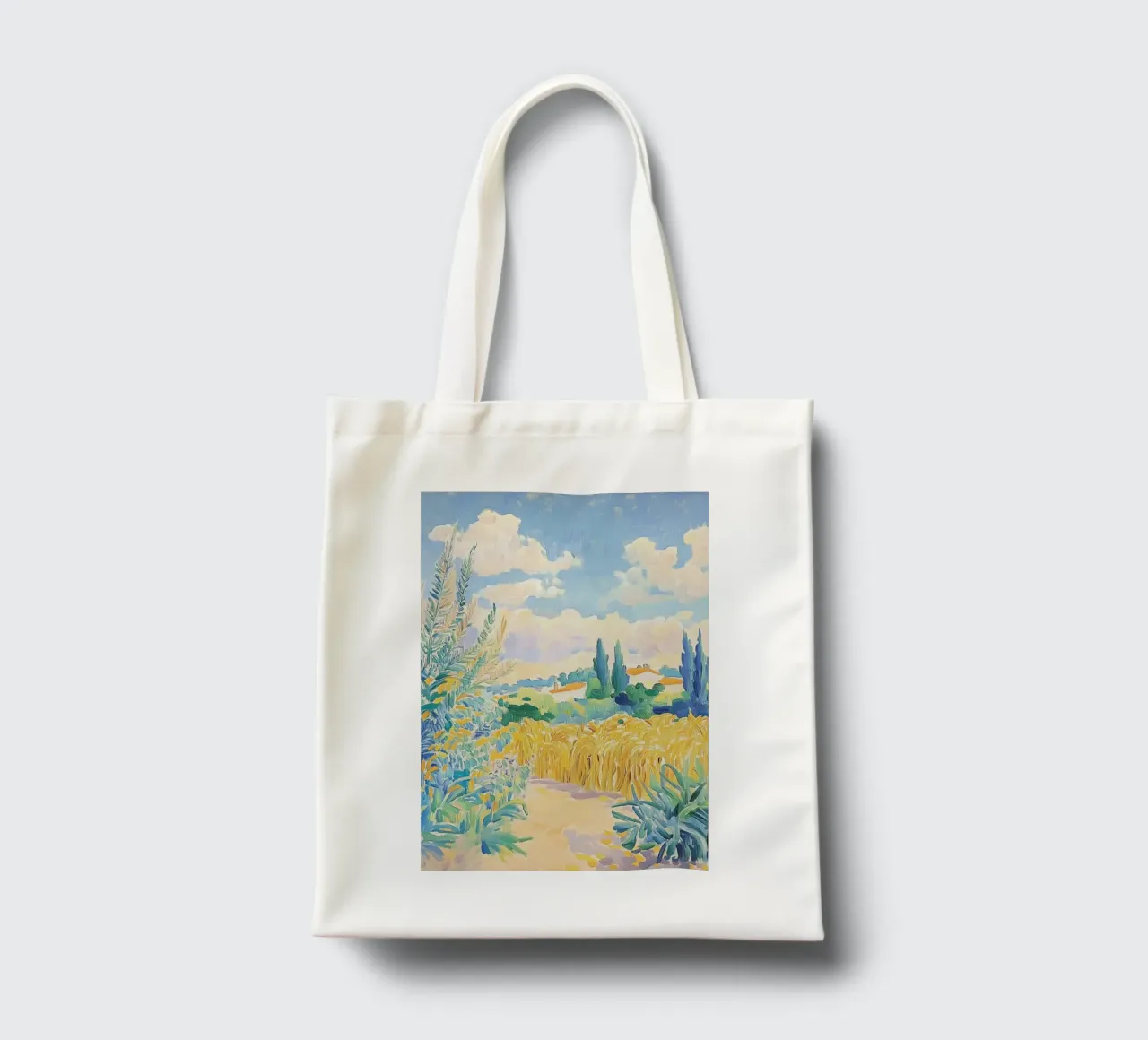 Mediterraner Weizenfeldweg Jutebeutel von Melloi Art Print