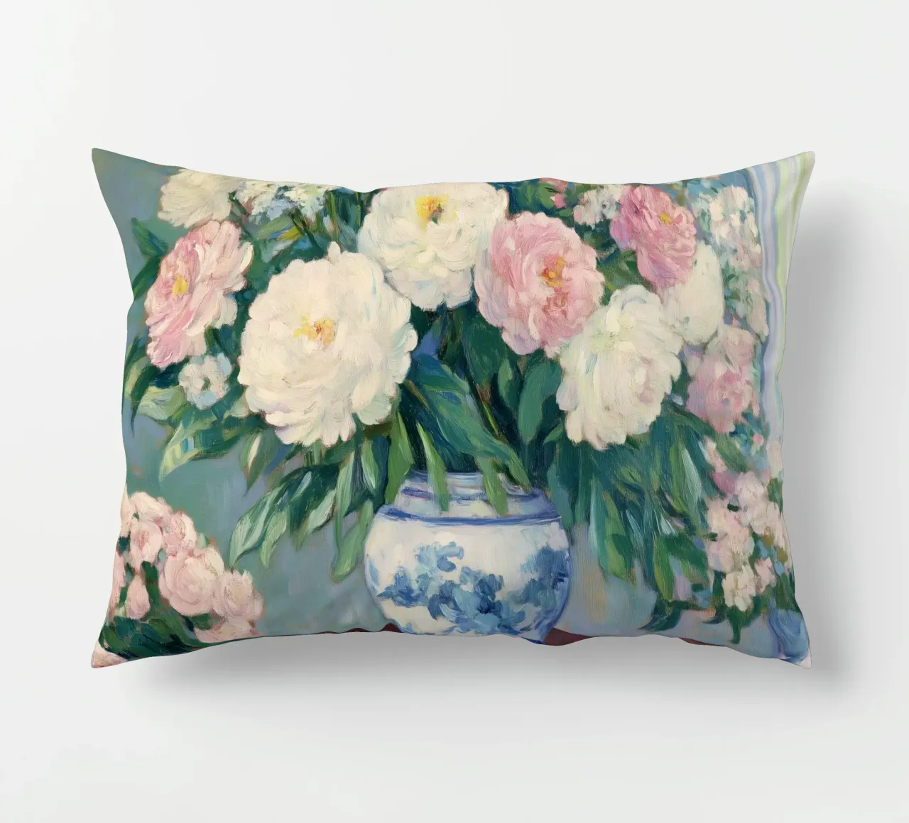 Peonie in un vaso a cineserie blu e bianco cuscino da Melloi Art Print