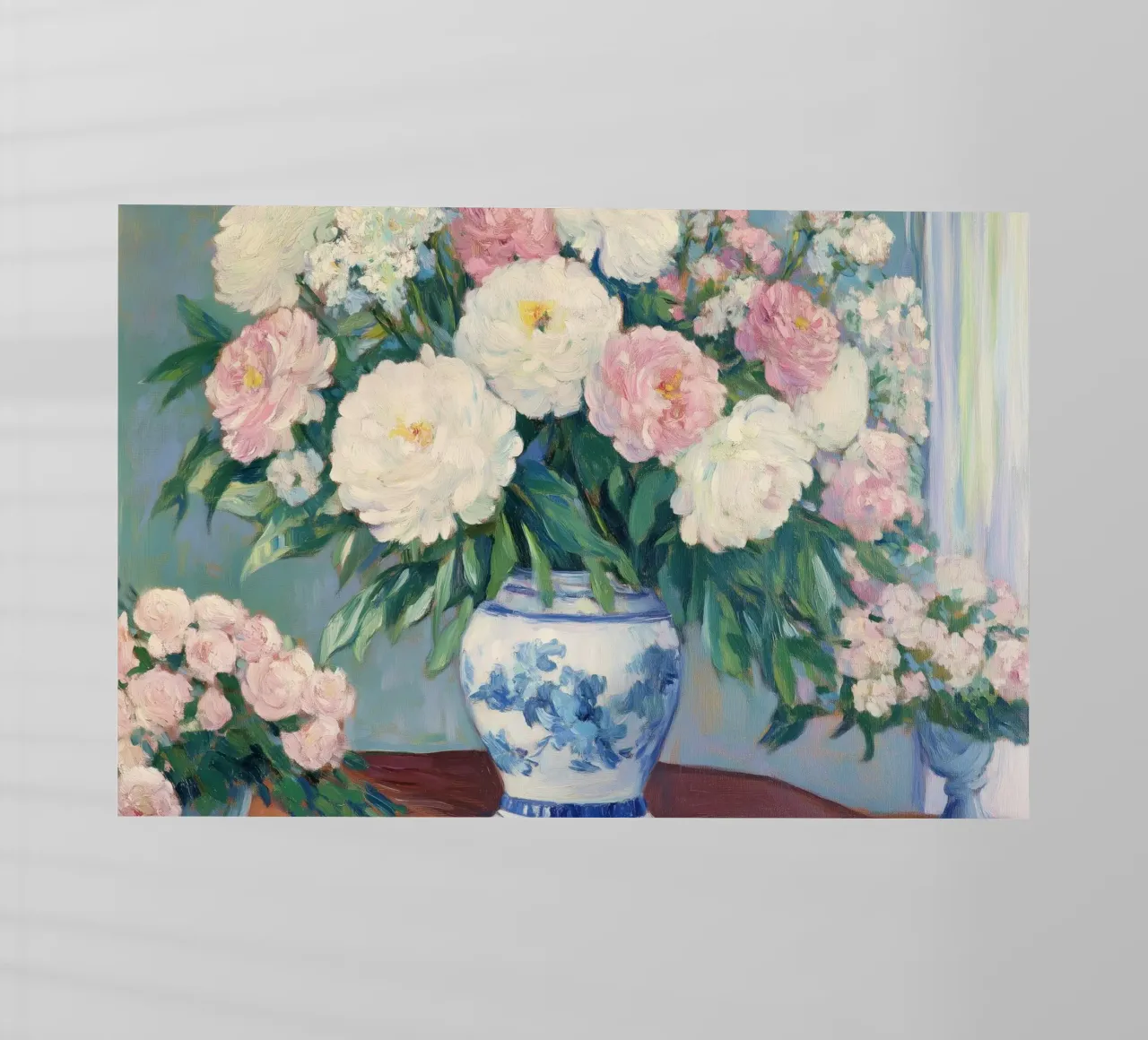 Peonie in un vaso a cineserie blu e bianco pellicola backlit da Melloi Art Print