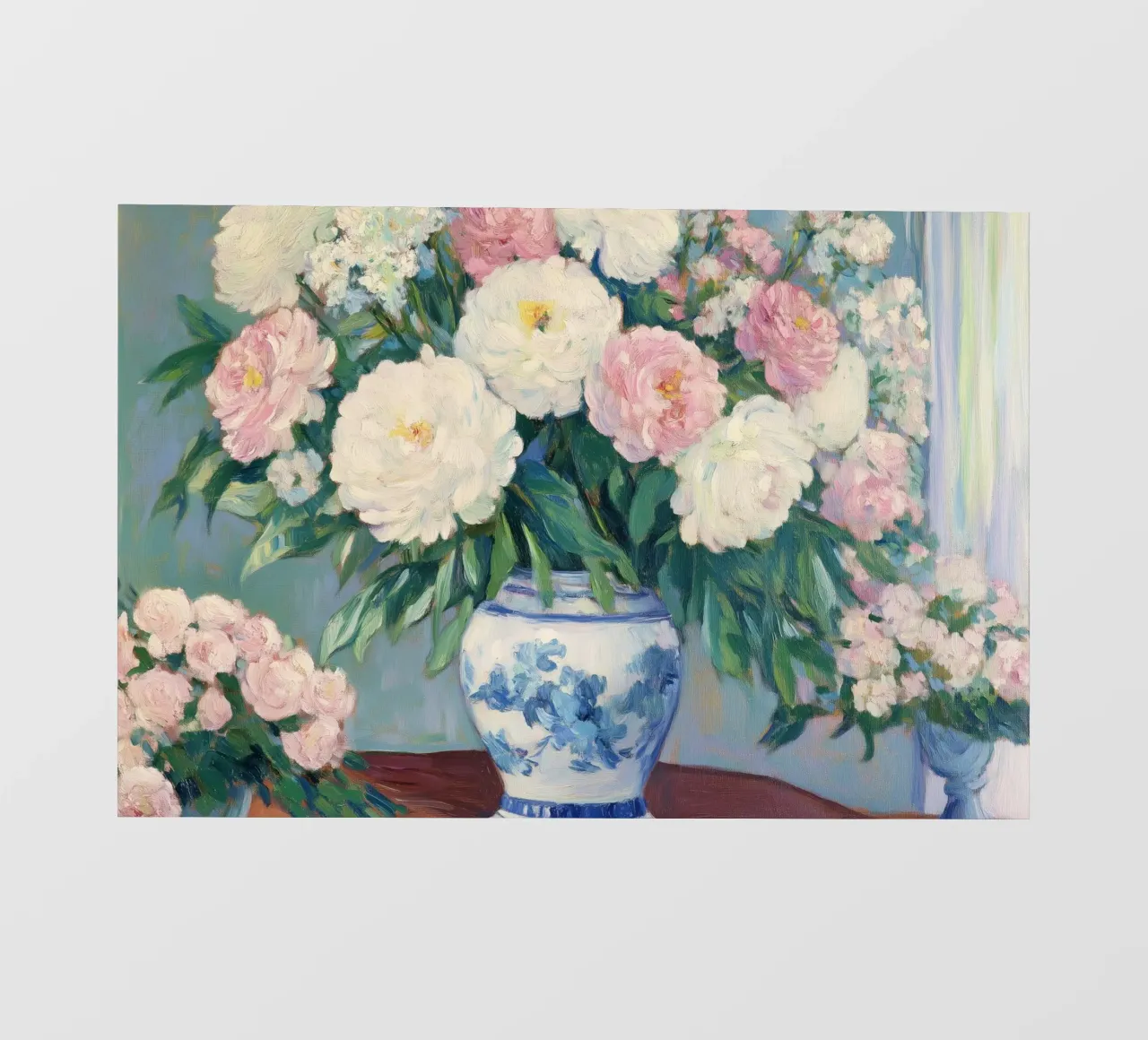 Peonie in un vaso a cineserie blu e bianco pellicola backlit da Melloi Art Print