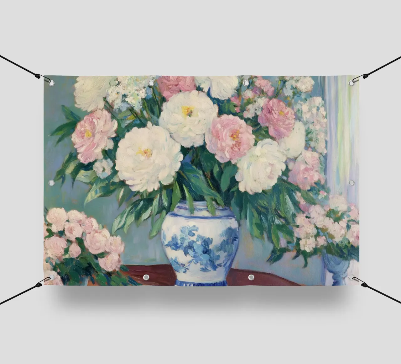 Peonie in un vaso a cineserie blu e bianco telo in pvc da Melloi Art Print