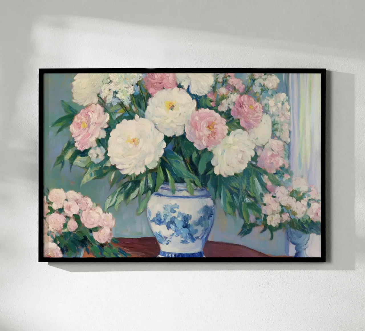 Peonie in un vaso a cineserie blu e bianco carta hahnemühle da Melloi Art Print