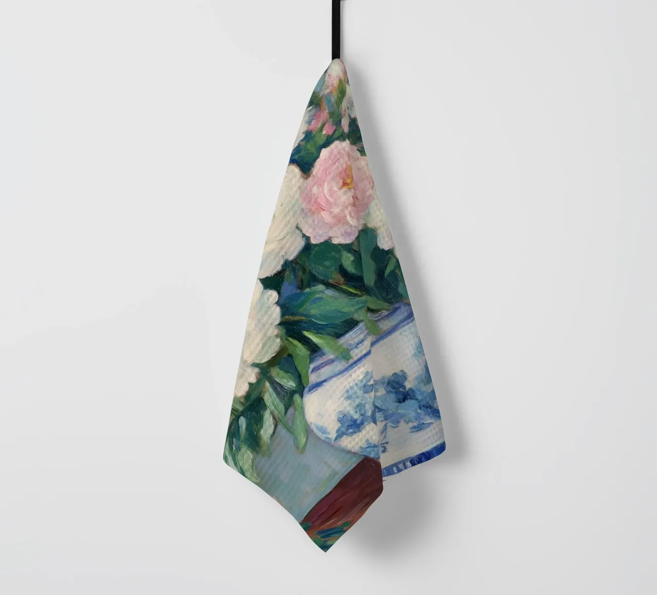 Peonie in un vaso a cineserie blu e bianco canovaccio da cucina da Melloi Art Print
