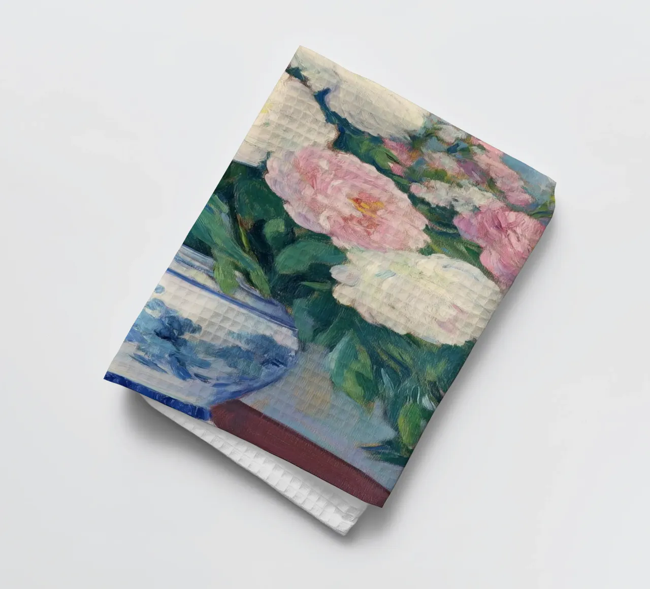Peonie in un vaso a cineserie blu e bianco canovaccio da cucina da Melloi Art Print