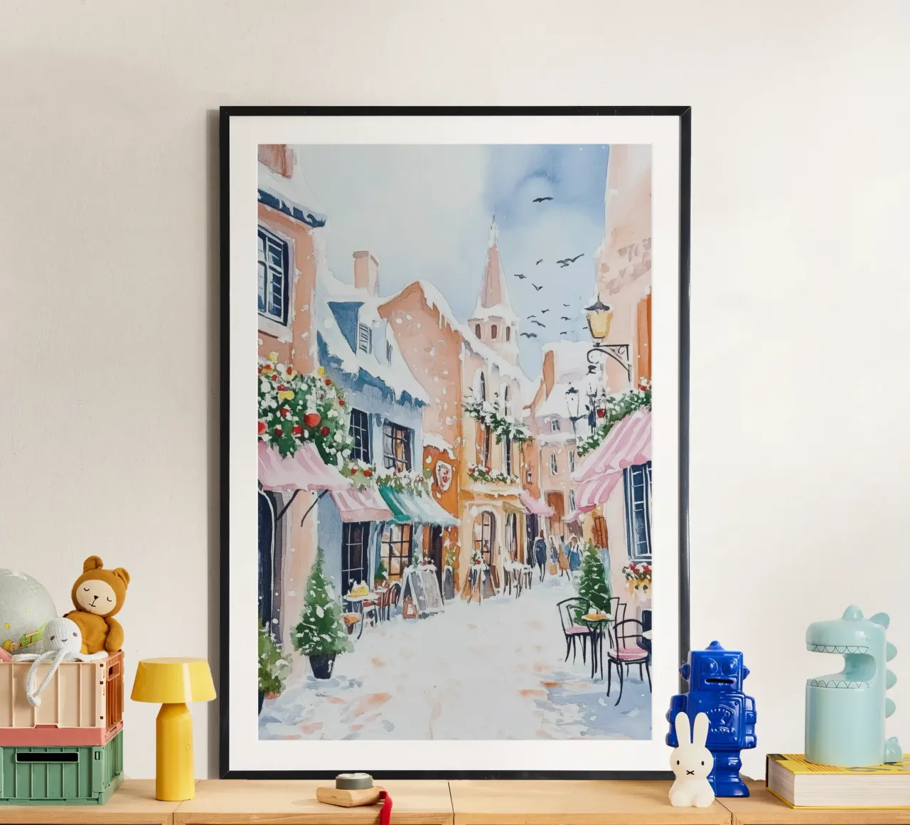Acquerello di un caffè europeo innevato poster con telaio in alluminio da Melloi Art Print